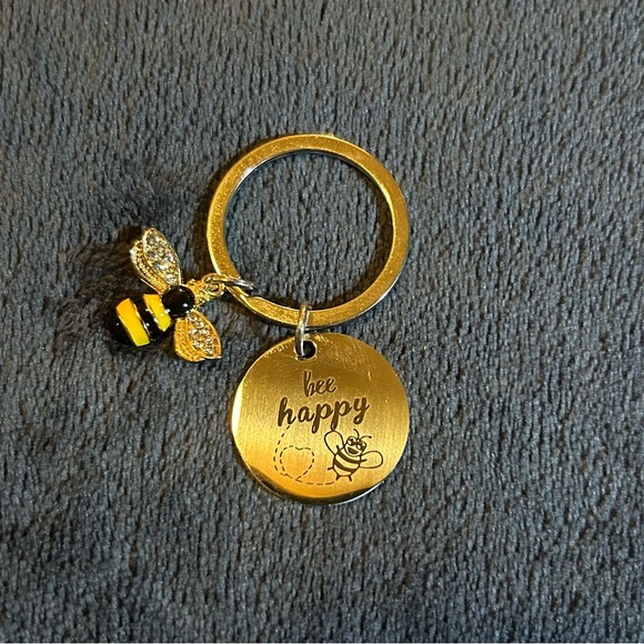 Bee Happy Metal Keychain with Bee Charm - Picture 2 of 5